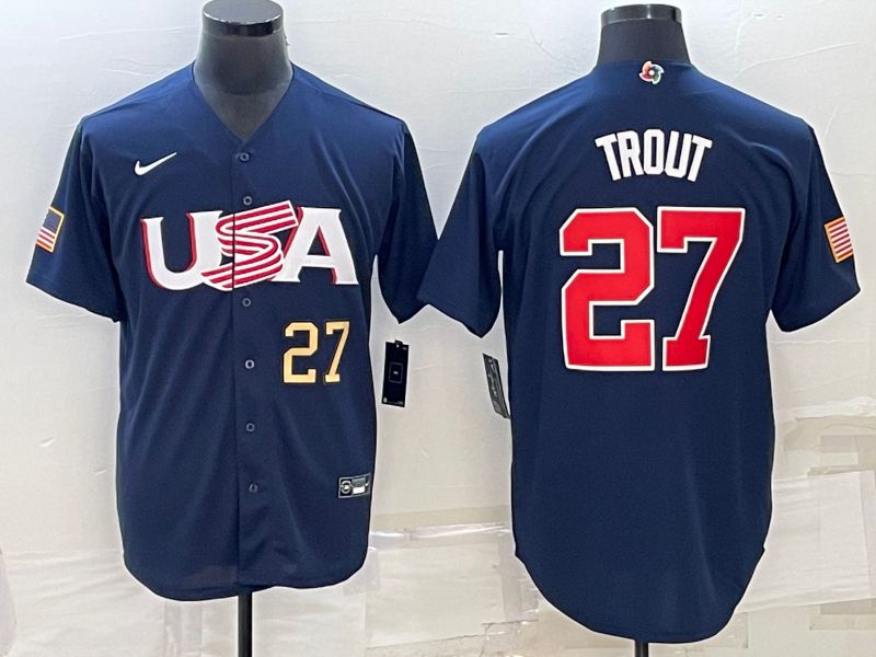 Men 2023 World Cub USA #27 Trout Blue Nike MLB Jersey3